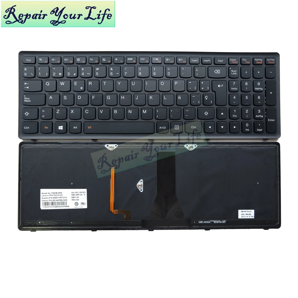 Клавиатура для ноутбука SP Spanish для LENOVO FLEX 2-15 S500 S500C S500T 9Z. NAFBQ. G0S 25214143 черная подсветка с черной рамкой