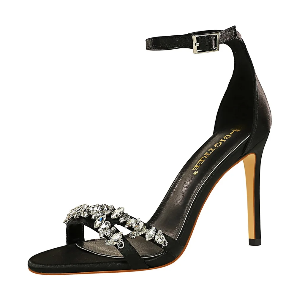 

2022 New Women's Black Sandals For Summer Sexy Super High Heels Ladies Crystal Ankle Strap Pumps Party Dress Shoes 11cm