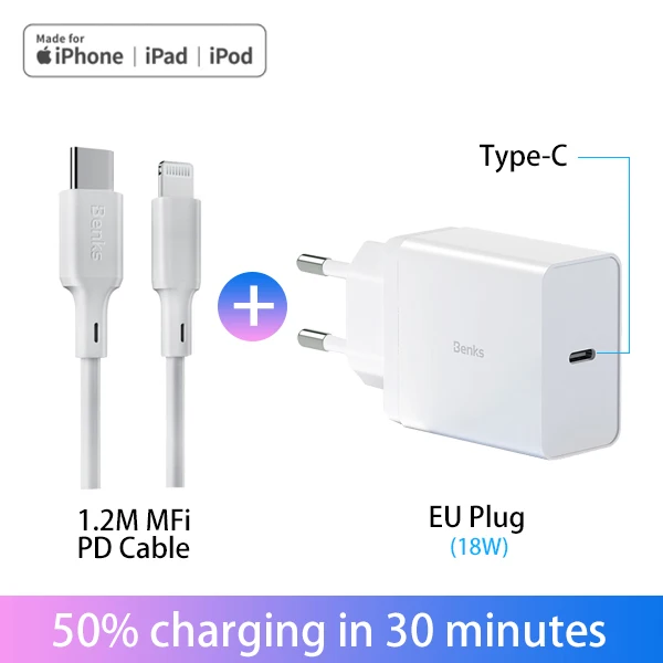 1.2m EU Plug Benks MFi PD кабель для быстрой зарядки для iPhone XS 11 Pro MAX X XR 8 Plus ipad type USB C для освещения телефонный кабель PD зарядное устройство адаптер - Цвет: 1.2m EU Plug