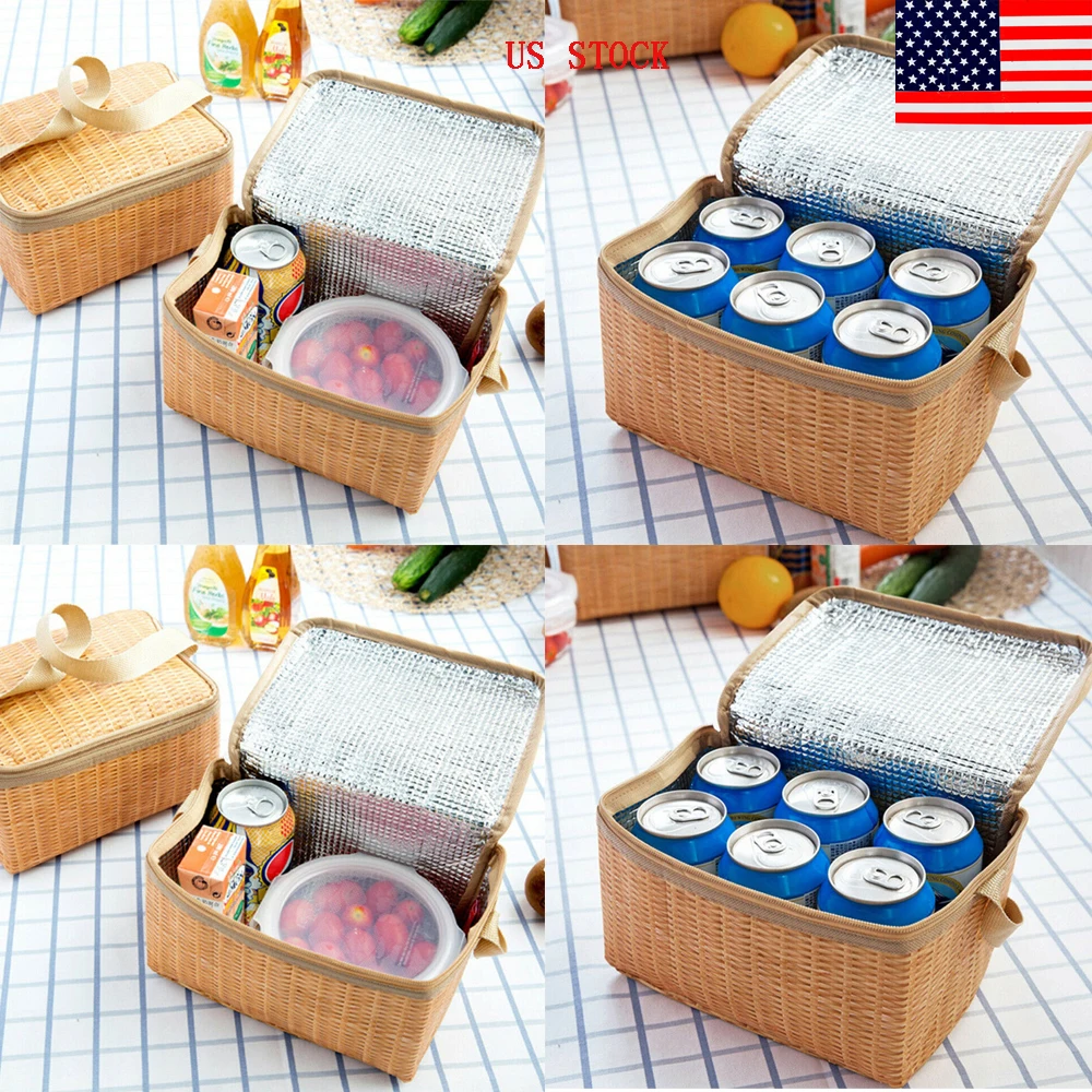 NEW Imitation Rattan Insulated Waterproof Picnic Camping Lunch Box Storage Bag