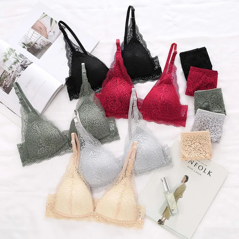 

Seamless Bra Set Women Cotton Lace Front Buckle Adjustment Type Wire Free Bra Set Adjustable Sexy Bra Two-piece Lingerie SILVER