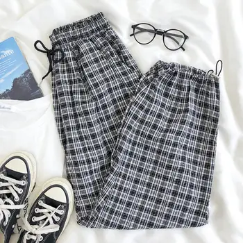 

Japanese Retro Plaid Elastic High Waist Pocket Drawstring Casual Harem Pants Trousers