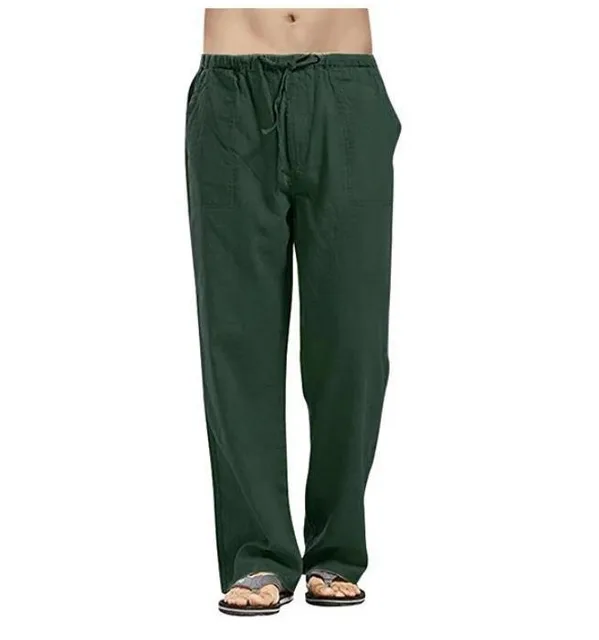 Summer Men Solid Color Linen Multi-pocket Straight Casual Pants Plus Large Size Breathable Comfortable Drawstring Loose Trousers Army Green