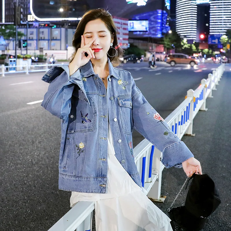 

2019 Spring And Autumn New Style Korean-style Loose-Fit BF Embroidery Jeans Coat Women's Embroidered INS Short Jacket Women's Fa
