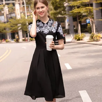 

High Street dress black 2019 new High quality spring summer flowers work Shirt Dress A Line Women Clothing Sweet Party dresses