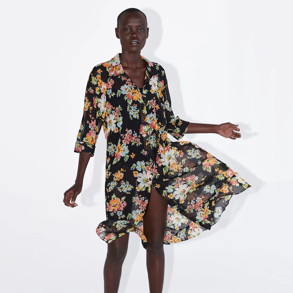 Stylish Chic ZA Printing Fall Dresses for Women A-Line Style Turn-Down Collor Casual Asymmetrical Hem Elegant Dress