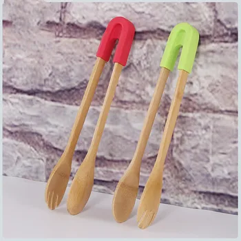 

Bamboo Food Toaster Tongs Wooden Salad Cake Snack Clip Grip Silicone Handle Bread BBQ Tongs Clamp Cooking Utensils skewers