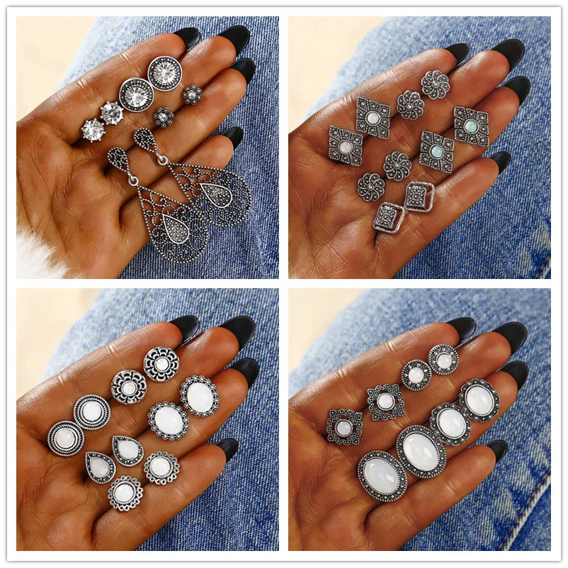 

Vintage Multiple Opal Stone Gem Silver Earrings Set Bohemian Punk Stud Earrings For Women Personality Party Clothing Jewelry