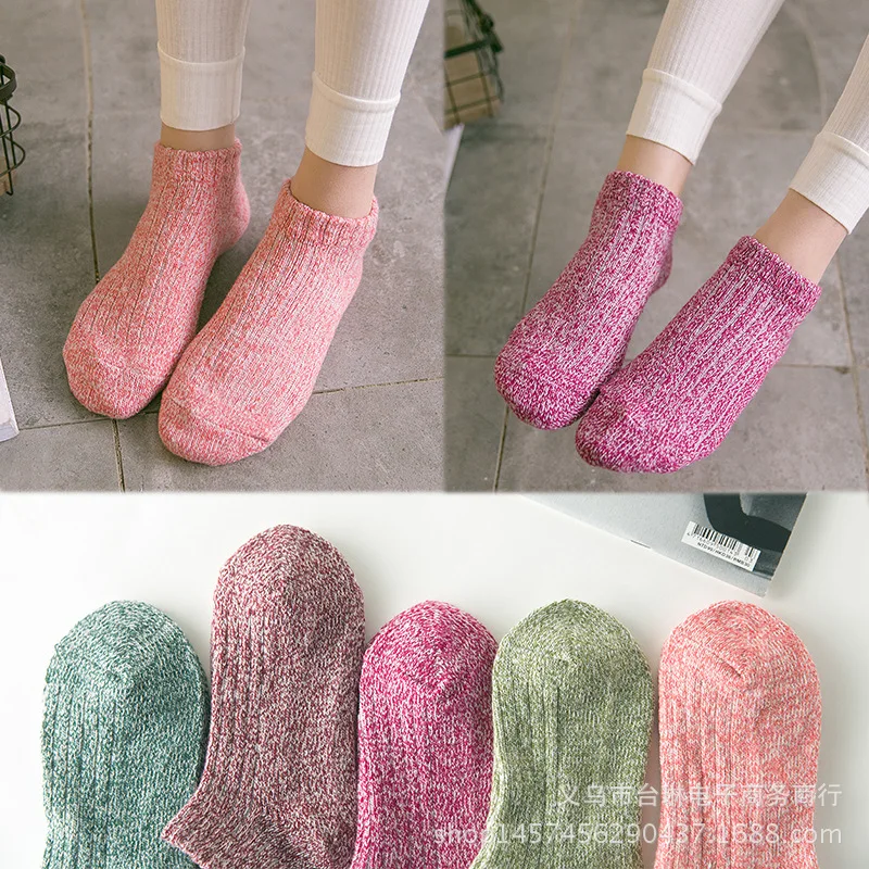 Утолщенные Носки-башмачки ярких цветов с вертикальными полосками, хлопковые простые носки, вязаные короткие носки для женщин