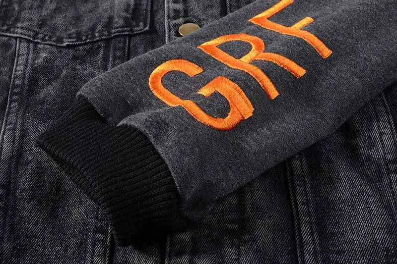 KIOVNO Men's Ripped Denim Jackets Knitted Sleeves Hooded Black Jeans Jackets Outwear For Male High Street  (4)