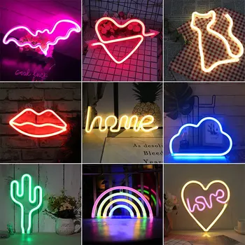 

LED Night Light Battery USB Charging Hello Decorative Letters Holiday Flamingo Cat Bat LED Neon Sign For Home Party Xmas