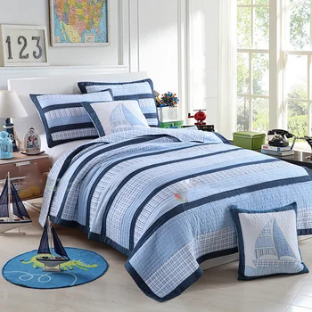 

GXC Blue Patchwork Quilt Set 2PC Twin Size KIDS Cotton Quilts Ocean Style Quilted Bedspread Bed Cover Shams Coverlet Set Bedding
