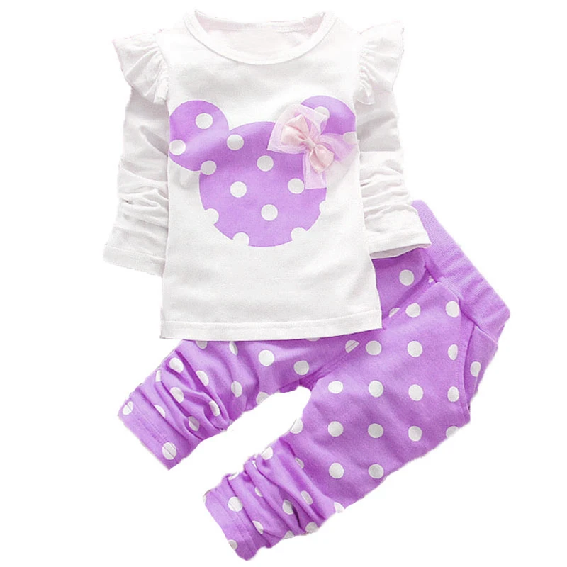 XS003-Purple Одежда с Минни Маус для новорожденных девочек комплект одежды в горошек для детей костюм из футболки и штанов верхняя одежда для маленьких девочек спортивный костюм, комплекты одежды - Цвет: XS003-Purple