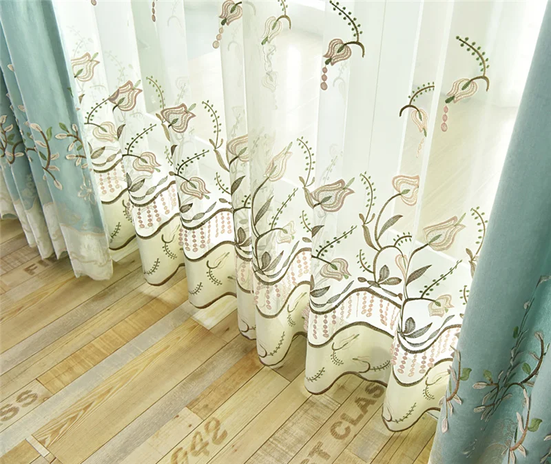 Flower Embroidery Sheer Tulle for Living Room Beaded Pattern Window Drapes for Balcony Plant Glass Yarn for Bedroom X-WP437#2