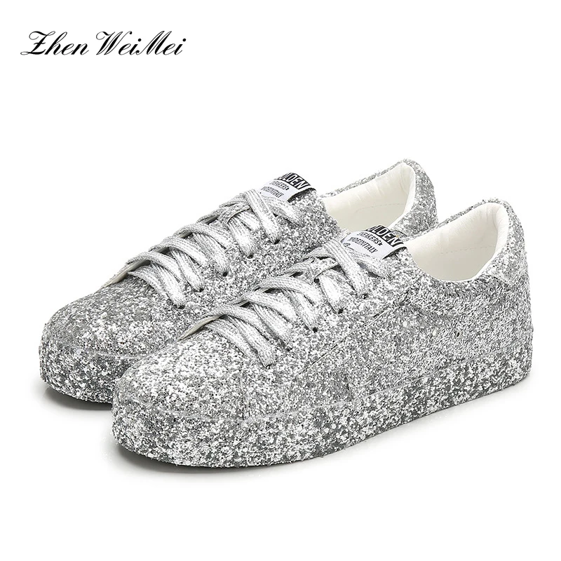 Блестящие Серебристые кроссовки; женская обувь на платформе; Sapatos Star; парусиновая обувь для мужчин и женщин; Классическая обувь для скейтбординга - Цвет: Silver