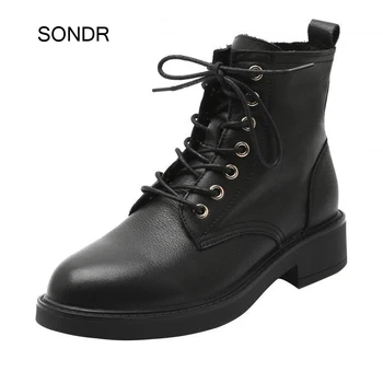 

Black Ankle Boots Shoes Women Martin Boots Fashion Brand Ladies Chunky footware Female zapatos de mujer Cross-tied Shoes Black