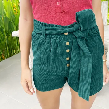 

Women High Waist Shorts Button Fashion Summer Corduroy Solid Sexy Skinny Short Pants with Belt Plus Size Short Feminino #35