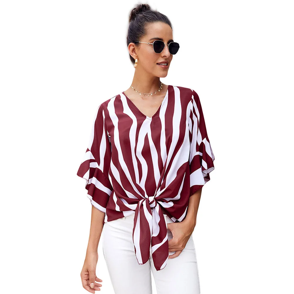 

2020 Spring Women Clothing Striped Three Quarter Office Lady Women T-Shirts V-Neck Loose Casual Ladies Print Tops Hot T-Shirts