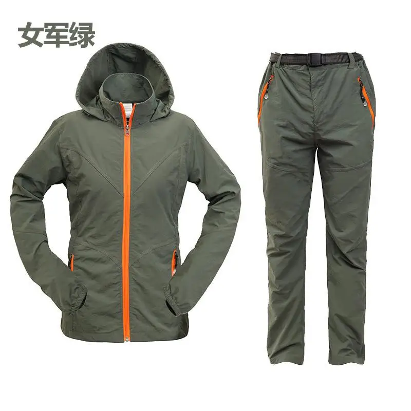 Women army green Спортивный костюм унисекс для походов и рыбалки, дышащий ультра-светильник, куртка с капюшоном+ штаны - Цвет: Women army green