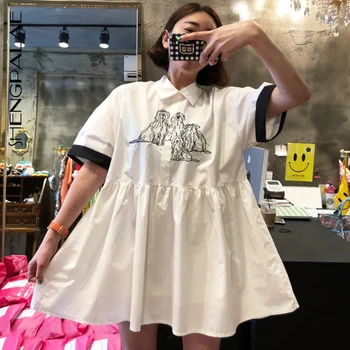 

SHENGPALAE 2020 New Summer Women Vintage Loose High Waist Slim Was Thin Elegant Puppy Dog Embroidery Short Sleeve Dress ZA3728