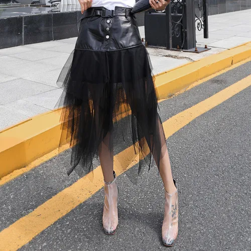 Черный Genuine Leather Skirts Casual Buckle Belted Mesh Overlay Frill Detail Midi Skirt Autumn Women Streetwear Out Going High Waist - Цвет: Черный