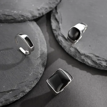 

925 Sterling Silver Black Drip Glaze Open Rings Vintage Minimalist Index Tail Finger Rings for Women Office Lady Fine Jewelry