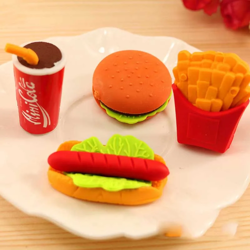 1pcs/lot Interesting Creativity Burger Cola Fries Hot Dog design Food Drink Rubber Eraser brain game for kids School Silgi