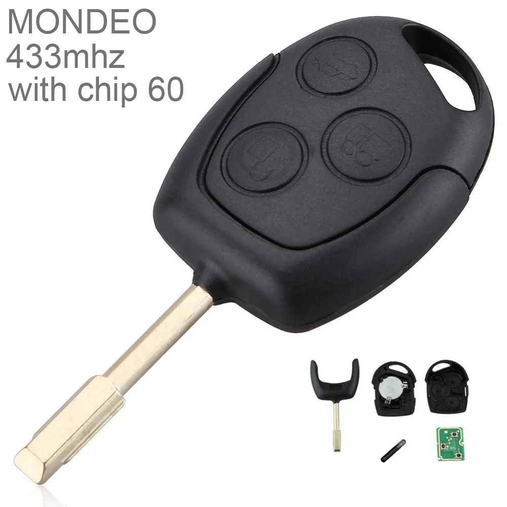 

433Hz/315Hz 3 Buttons Replacement Remote Car Key Fob Transmitter Clicker Alarm with Chip 60 for Ford MONDEO Fiesta Focus