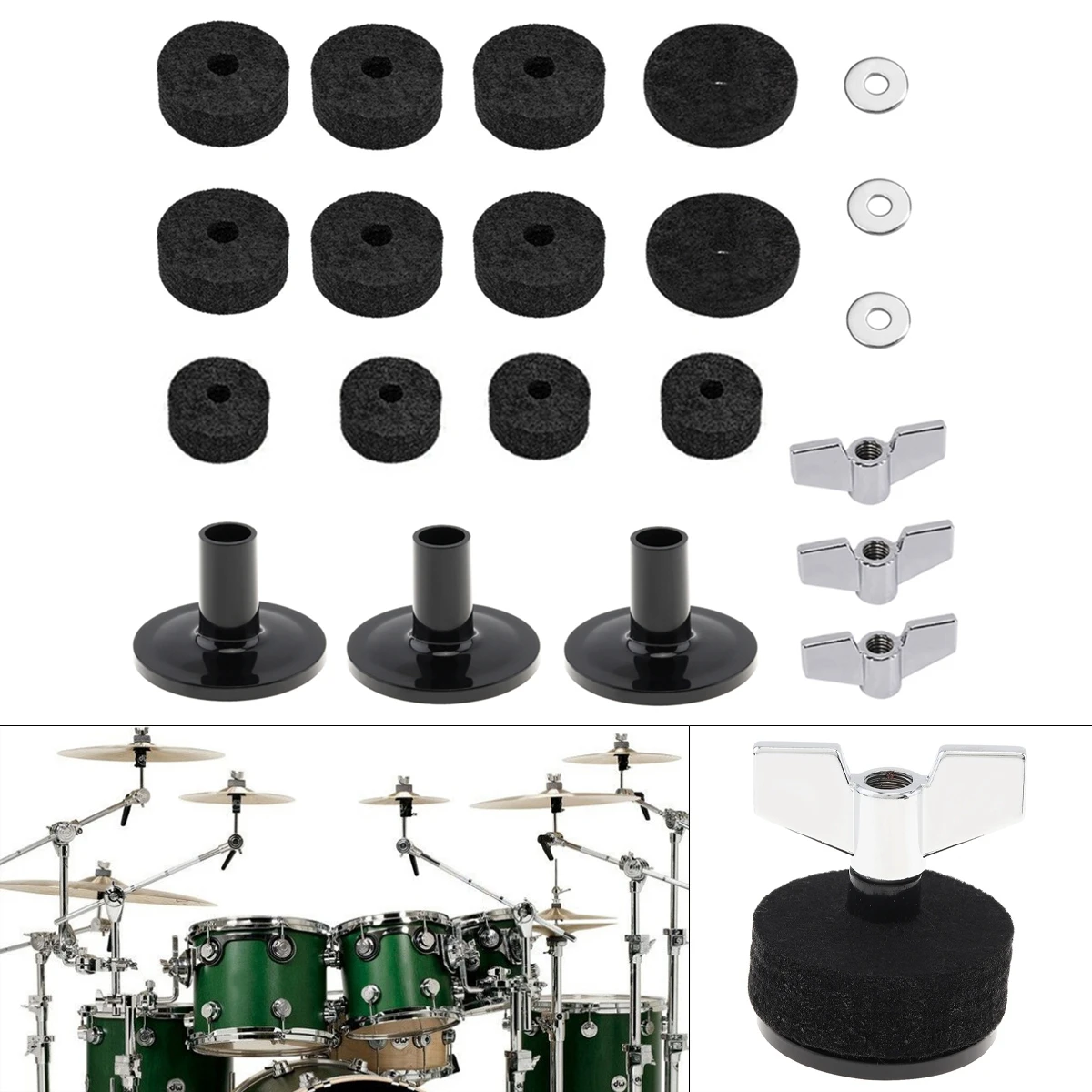 

21pcs Jazz Drum Cymbal Felt Pads Parts Replacement Kits with Cymbal Sleeves & Wing Nuts & Washers & Wool Felt Pads Accessories