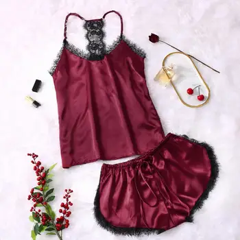 

Women's Sleepwear Sexy Satin Pajama Set Black Lace V-Neck Pyjamas Sleeveless Cute Cami Top and Shorts