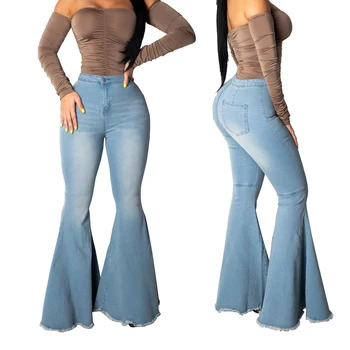 

2019 new ladies flared pants spring and autumn jeans ladies casual large light blue elastic Slim woman jeans women pants