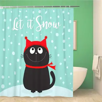 

Bathroom Shower Curtain Let It Snow Black Cat Kitten Head Face Looking Up Polyester Fabric 72x72 inches Waterproof Bath Curtain