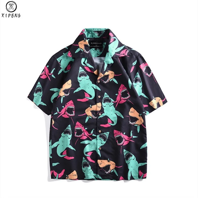 Мужская гавайская рубашка новая летняя мужская повседневная Camisa Masculina Акула Печатных Пляжные рубашки короткий рукав свободные пляжные Chemise Homme