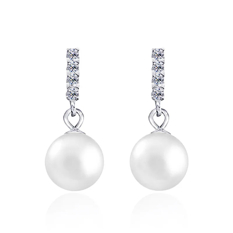 

925 Sterling Four Diamond Shell Pearls Ear Stud Simple Pearl Earrings Fashion Korean-style Silver Earrings Jewelry