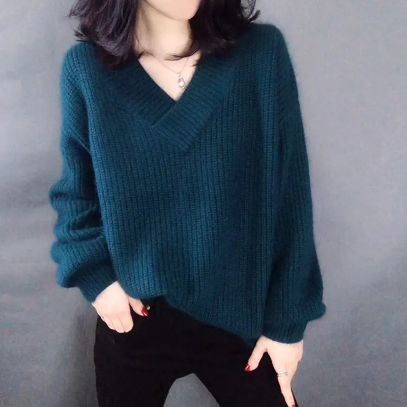 

Winter Clothes Women Pullover Fashion Women 2019 V Neck Solid Sweaters Autumn Korean Pullovers Loose Warm Sueter Mujer Outwear
