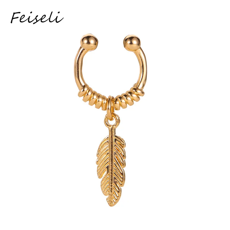 Feiseli, 1 шт., новинка, не пирсинг, перья, медные клипсы, серьги для женщин и мужчин, персонализированные металлические серьги, украшения для ушей, подарок