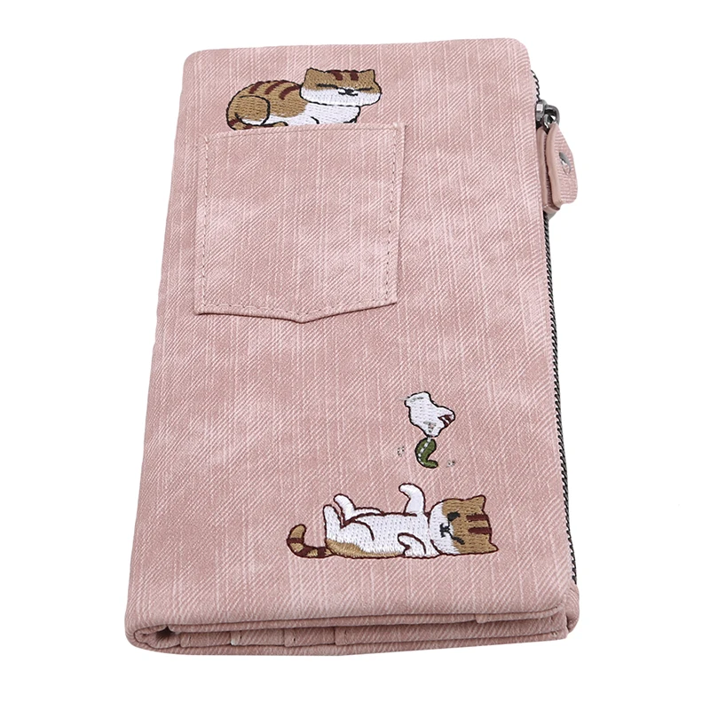 Pink Женский кошелек с ручкой на запястье, Длинный кошелек, отделение для денег, карман, кошельки, держатели для карт, кошелек с вышитым рисунком кошки для женщин - Цвет: Pink