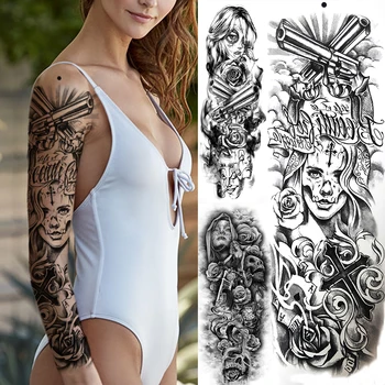 

Mask Girl Temporary Tattoos Sleeve For Women Men Full Arm Pistol Sexy Flower Tattoo Sticker Fake Nun Skull Black Tatoo Paste