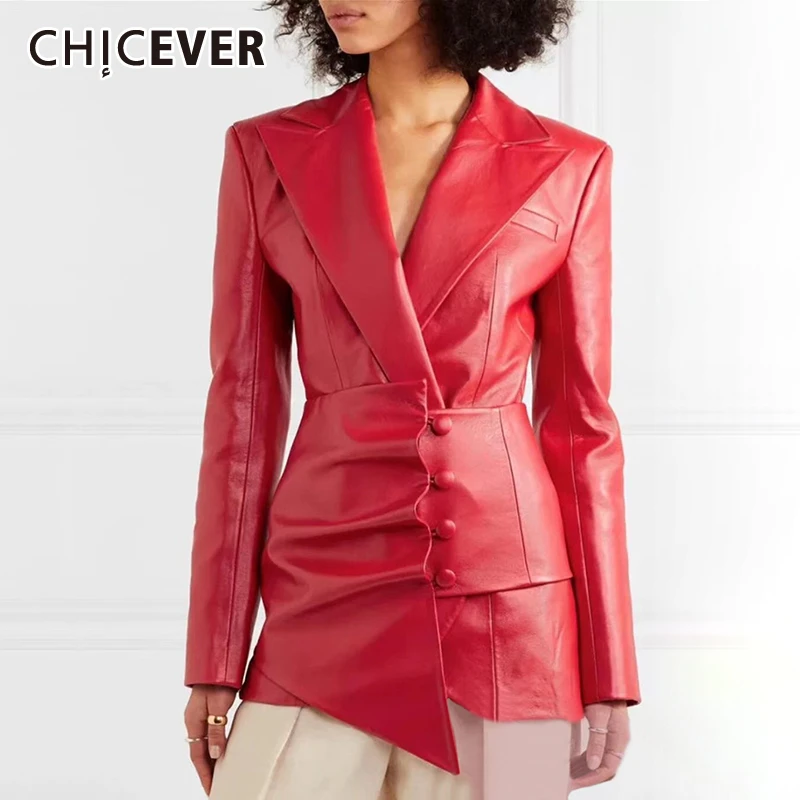 

CHICEVER PU Leathers Blazers Coat Women Notched Collar Slim With Belt Hem Irregular Clothes Coats Female Fashion New 2019 Autumn
