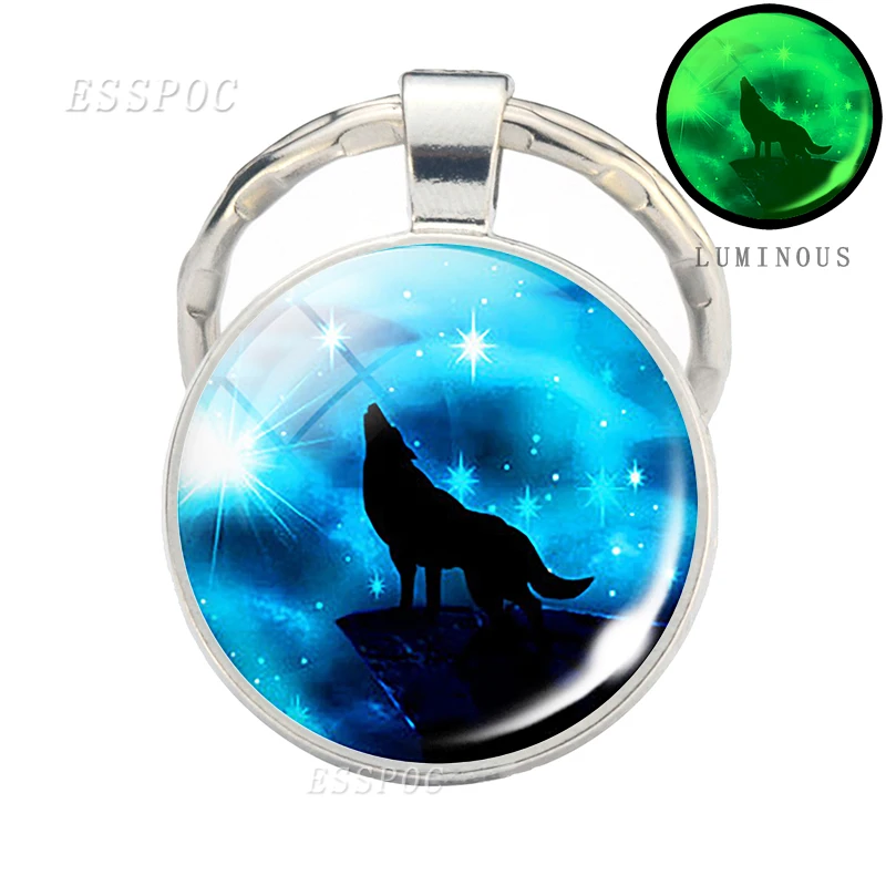 Glow in Dark Jewelry Howling Wolf Keychain Wolf Luminous Glass Cabochon Pendant Keyring Double Side Glass Ball Keychain