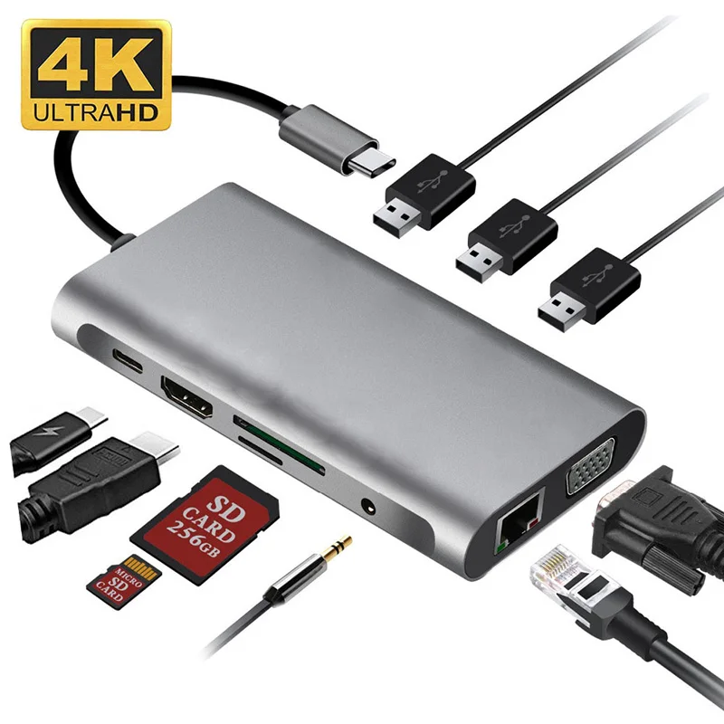 Station tipo c Conversor para Macbook 10 em 1 Docking Adaptador 4 k Hdmi Vga Rj45 Pro Thunderbolt 3 Usb Hub 3.0