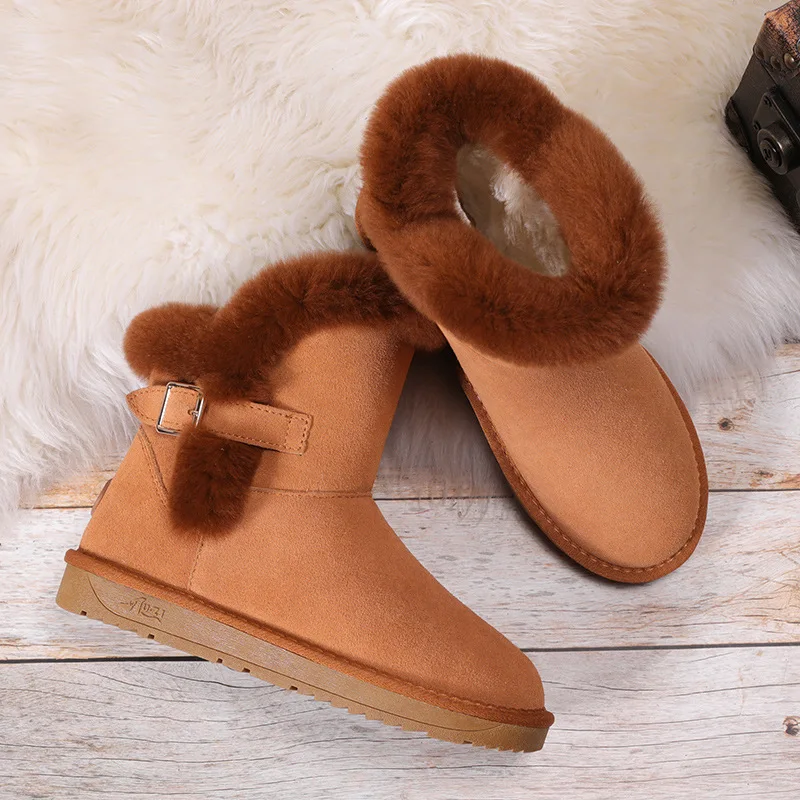 Classic Genuine Cowhide Leather Snow Boots Wool Women Boots Rabbit Hair Buckle Warm Winter Shoes for Women Large Size