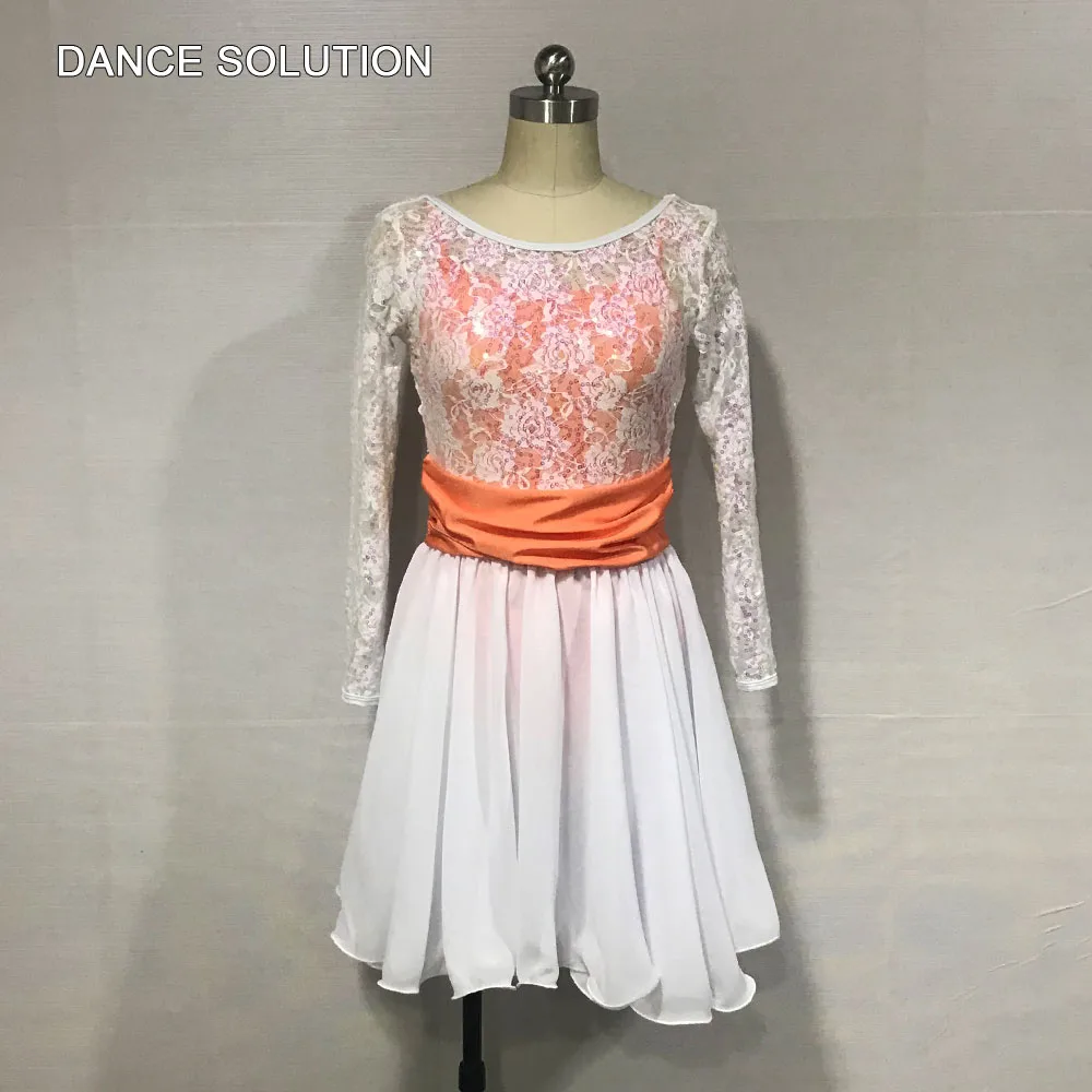 Детское и взрослое белое блестящее кружево и шифон платье балетный танцевальный костюм лирические и современные танцевальные платья 18427A - Цвет: Оранжевый