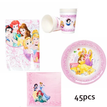 

45pcs Princess Theme Disposable Tableware Set Girls' Favor Birthday Baby Shower Han Party Supplies for 12 persons