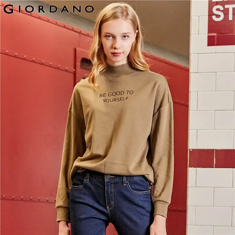 

Giordano Women Sweatshirt Embroidered Letter Mockneck Pullover Long Sleeve Loose Fit Sudadera Mujer Casual Tops 05399779