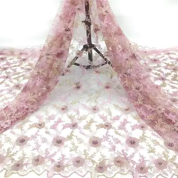 

Nigerian lace fabric pink 2019 high quality lace sequins 3d flower African lace fabric beads embroidery French lace fabric