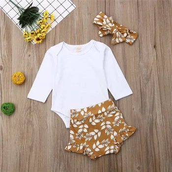 

3pcs Newborn Clothing Set Long Sleeve Solid White Bodysuit Baby Girls Floral Shorts Toddler Hairbands Baby Girls Clothes Suits