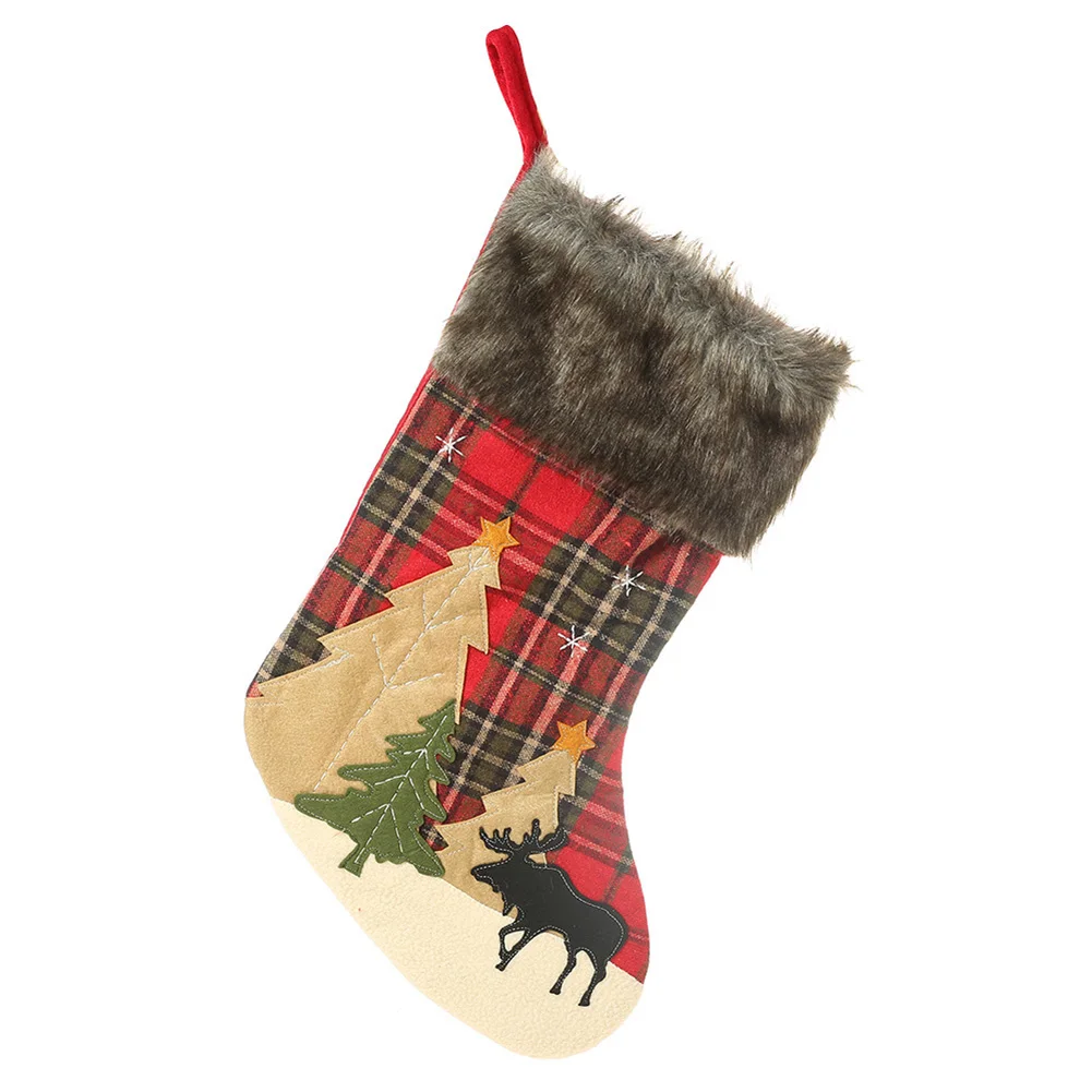 Hot Plaid Xmas Tree Elk Print Stocking Office Non-woven Ornaments Hook Design Hanging Candy Gift Bag Christmas Decoration