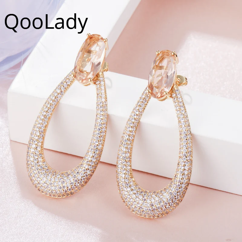 QooLady Luxury Large Cubic Zircon Stone Gold Color Water Drop Women Geometric Statement Long Earrings Evening Party Jewelry E034 | Украшения