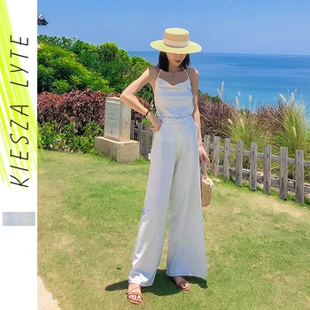 

Women Sexy Crop Cami Top And Pants Set Solid White Off the Shoulder Belted Wide Leg Pants 2 Piece Sets Outfits Summer